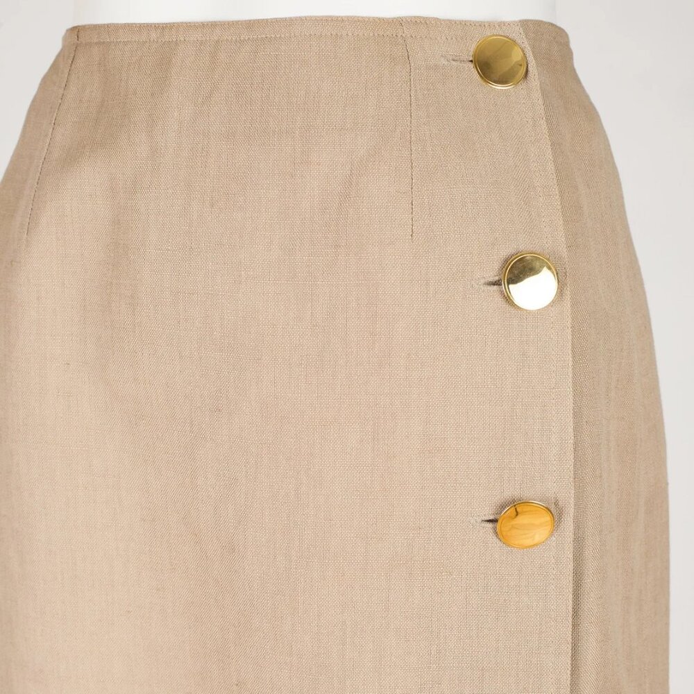 Guy Laroche 1980s Vintage Beige Linen Gold Button-Up Skirt Sz XS